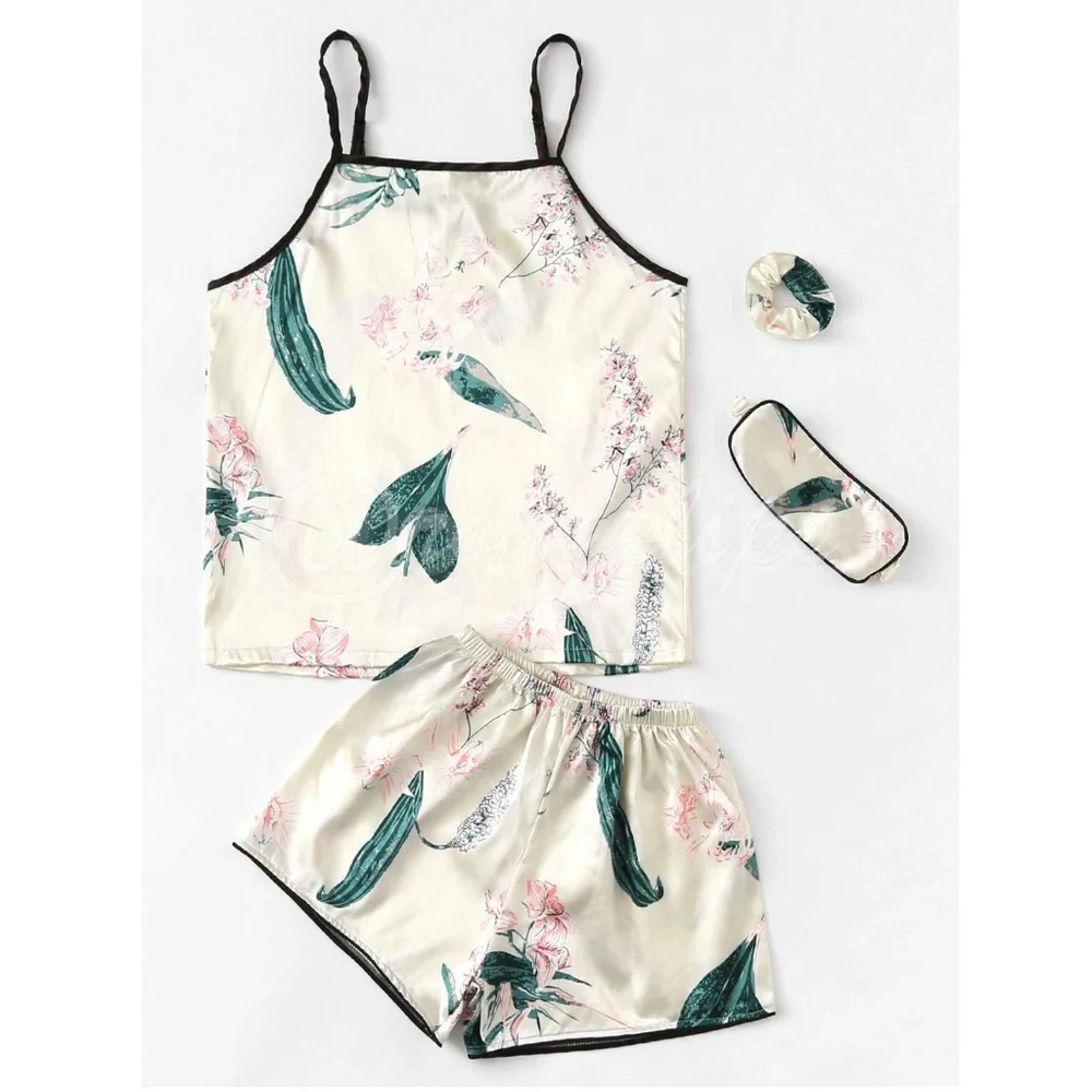 7 Piece Satin Pajama Set in Beige Floral Print - Picture 5 of 7